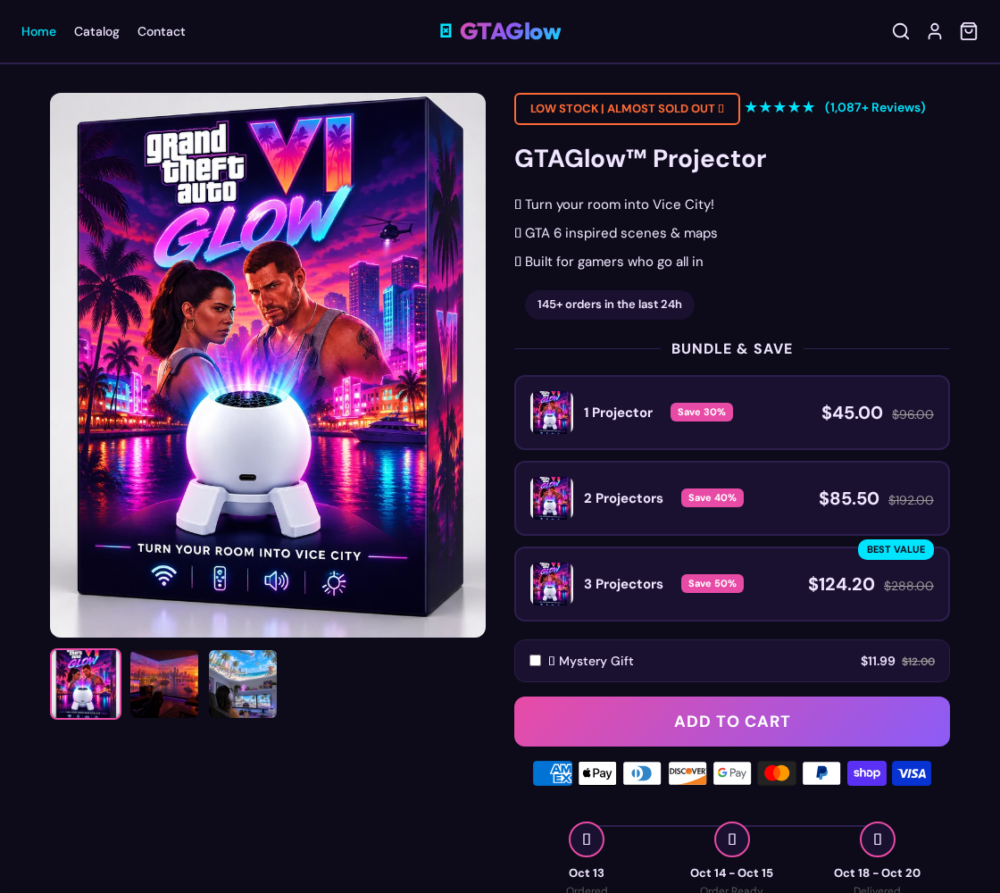 GTAGlow projector offer showing game-themed packaging, three bundle choices, and a separate mystery gift