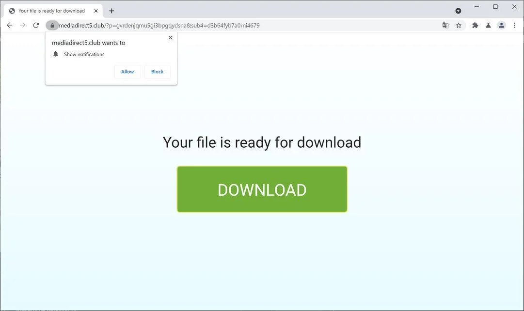 Image: Chrome browser is redirected to Mediadirect5.club