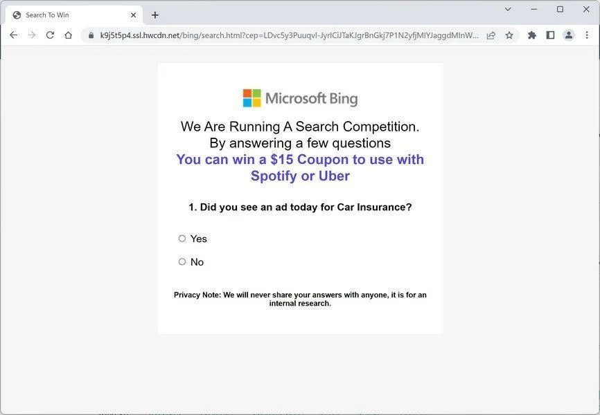Image: Microsoft Bing: We Are Running A Search Competition scam ads