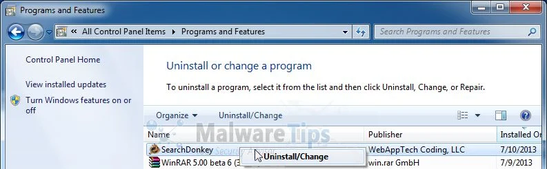 [Image: Uninstall Search Donkey program from Windows]
