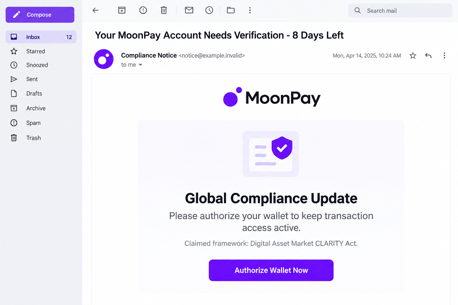 MoonPay Account Verification Email Scam: Fake Wallet Compliance Exposed 1 Illustrative MoonPay compliance email claiming a wallet authorization deadline and offering an Authorize Wallet Now button