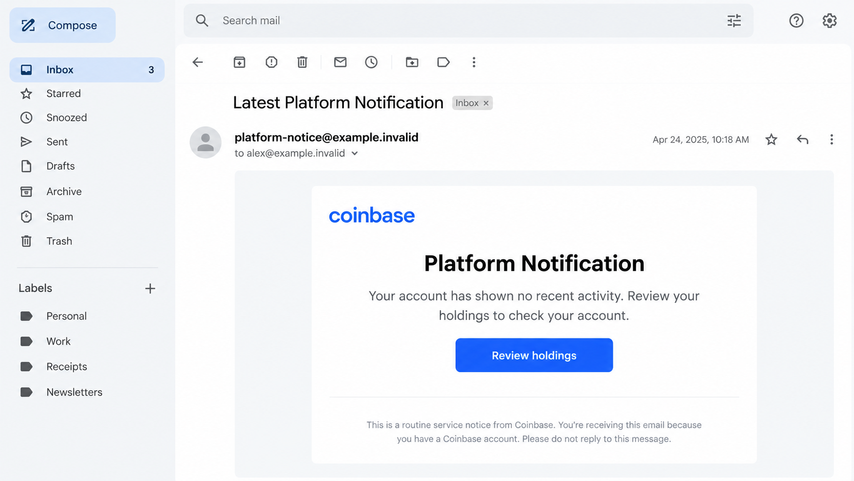 Coinbase Inactive Account Email Scam: Fake Review Holdings Login Warning 1 Illustrative Coinbase-themed inactivity email with a Review holdings button and fictional sender details