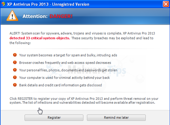 XP Antivirus Pro 2013 Alert XP Antivirus Pro 2013 warning