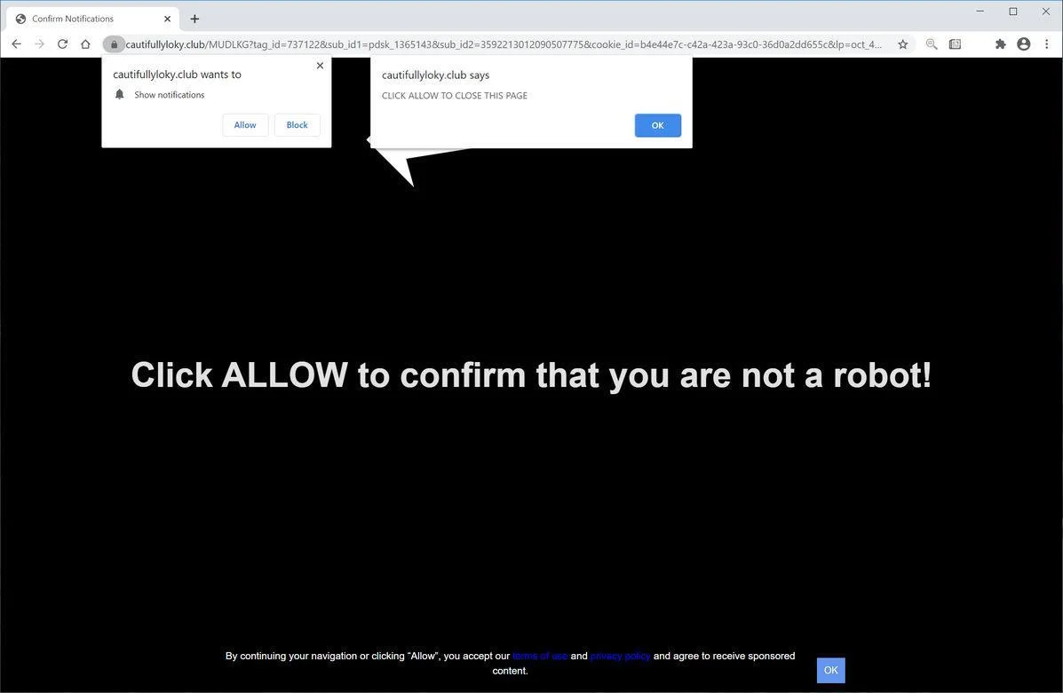 Image: Chrome browser is redirected to Cautifullyloky.club