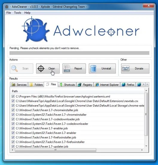 Click on the Clean button to remove update4.flashplayes.info virus Picture of AdwCleaner Clean button