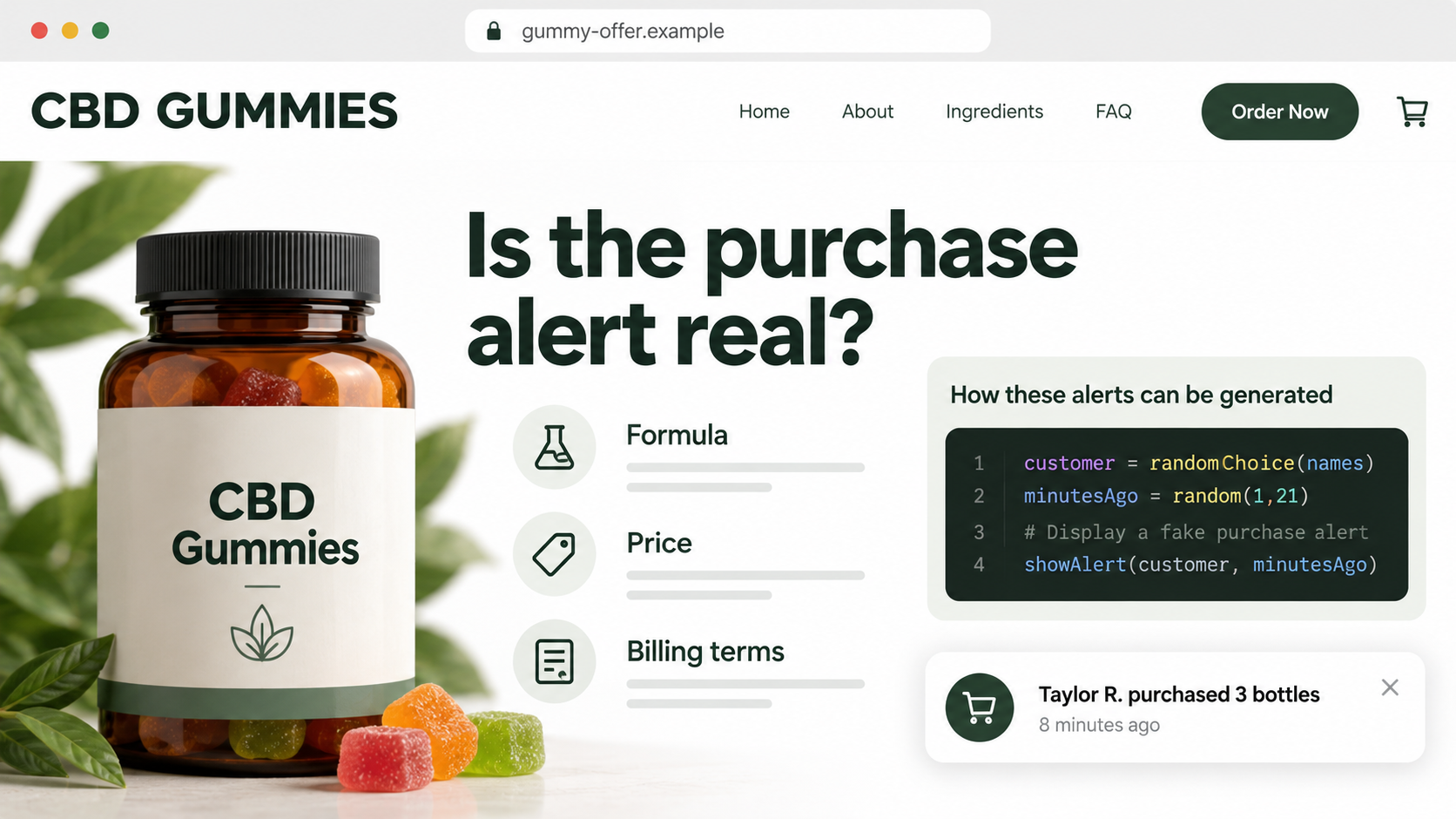 Catalina Farms CBD Gummies: Scripted Stock Alerts and Medical Claim Gaps 1 Illustration explaining how randomized CBD gummy purchase notifications can create artificial buying pressure