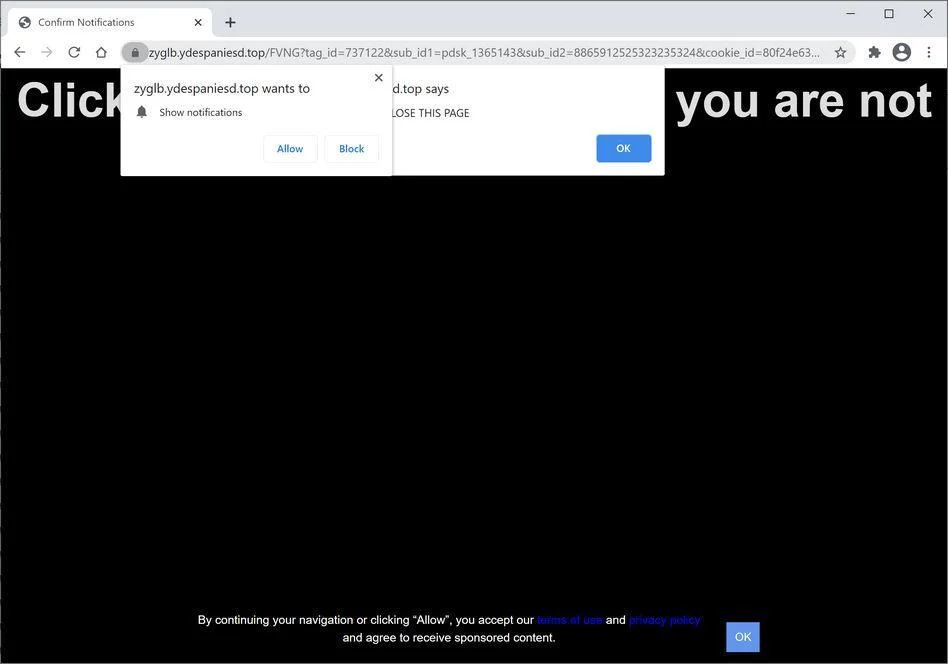 Remove Ydespaniesd.top pop-up ads (Virus Removal Guide) 1 Image: Chrome browser is redirected to Ydespaniesd.top