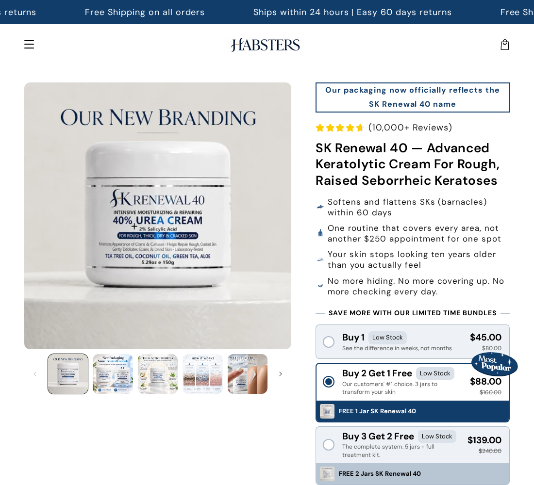 Habsters SK Renewal 40 cream listing with skin-growth claims and purchase options