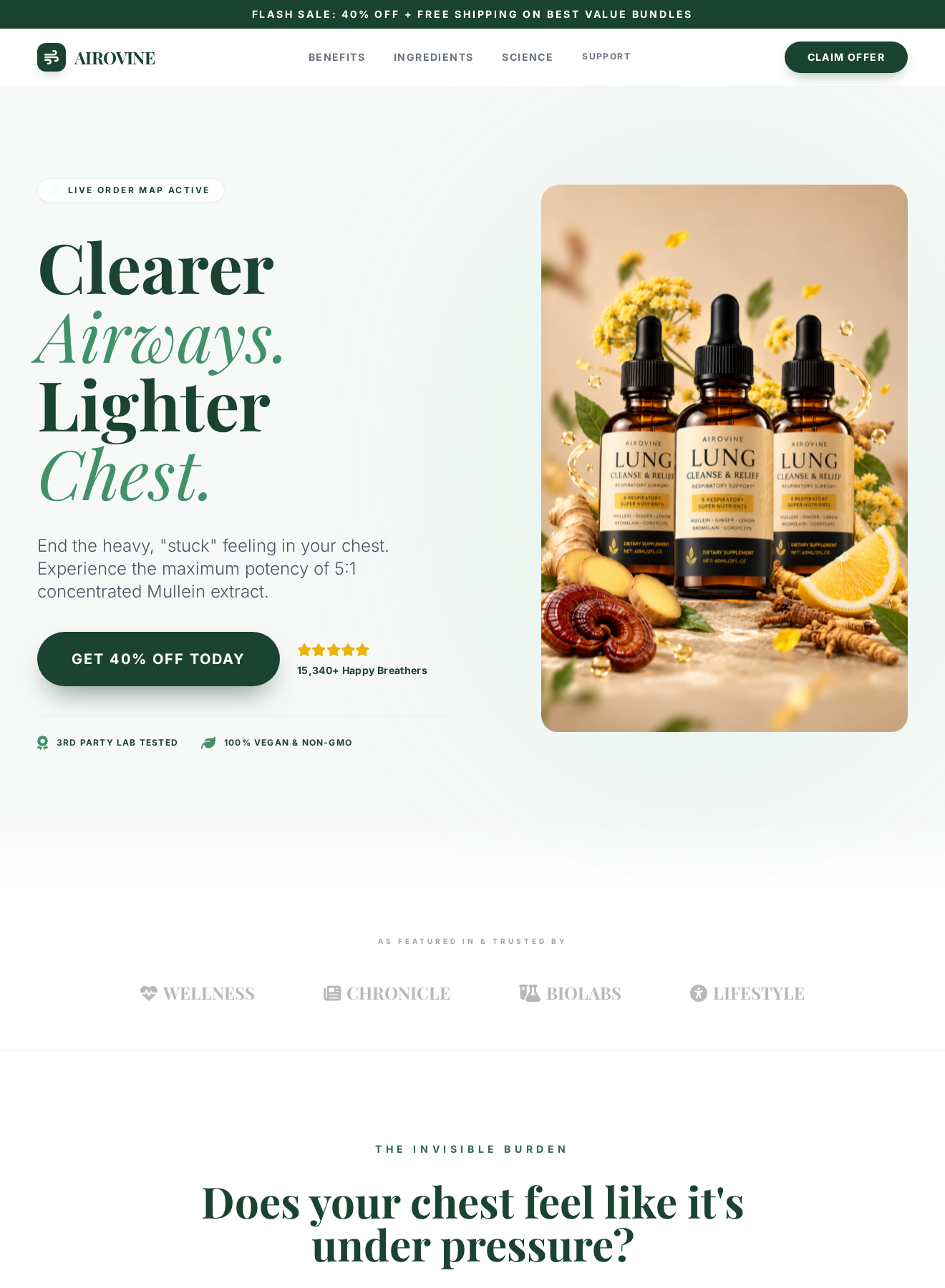 Airovine Lung Cleanse & Relief: Scam or Legit? The Breathizen Redirect 1 GetAirovine Lung Cleanse and Relief page with 40% sale, supplement bottles, and featured-in logos