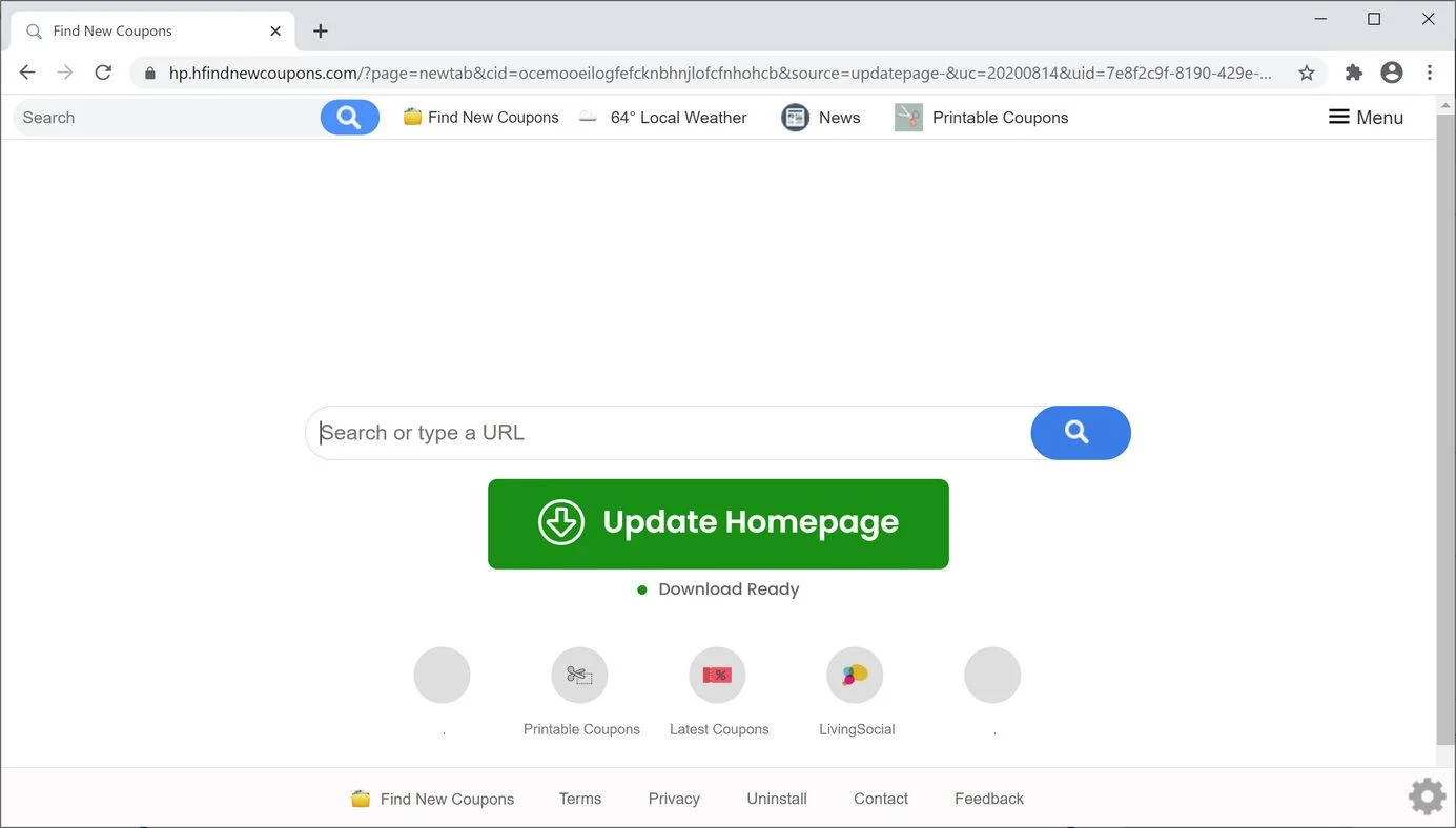 Image: Chrome browser is redirected to Find New Coupons