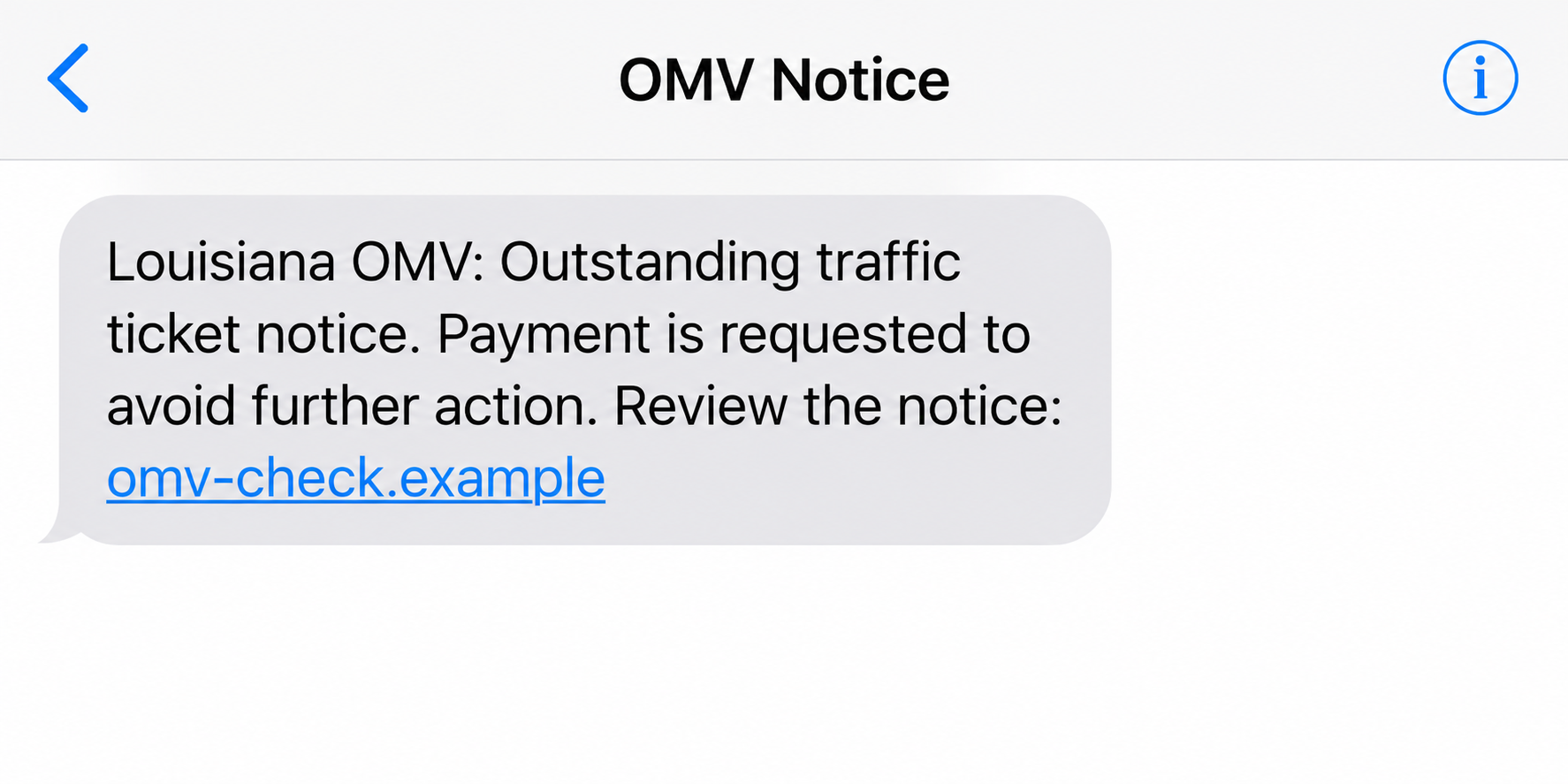 Louisiana OMV Text Scam: Fake Traffic Fines and License Suspension Threats 1 Fictional Louisiana OMV traffic-payment text illustrated with an inactive example address