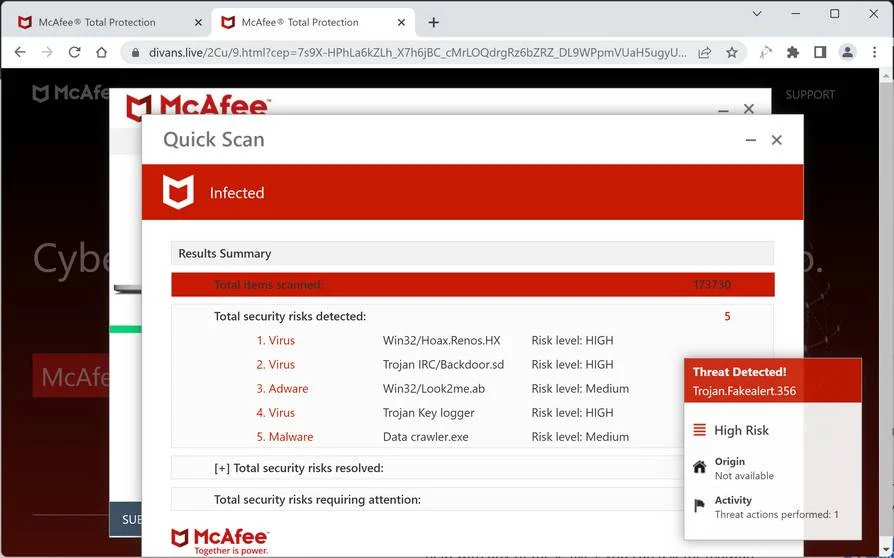 Screenshot of Divans.live Fake Antivirus Scan