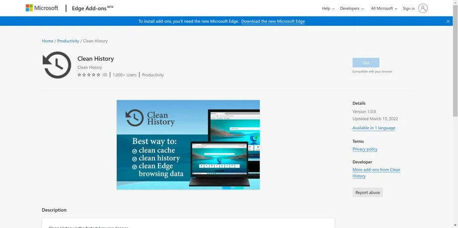 Remove "Clean History" Browser Extension (Removal Guide) 1 Image: Clean History Microsoft Edge extension