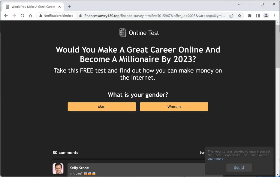 Image: Chrome browser is redirected to Financessurvey180.top