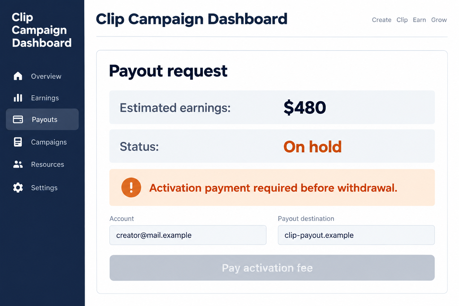 Illustrative clipping payout dashboard showing estimated earnings held behind an activation fee