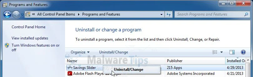 [Image: Uninstall Savings Slider program]