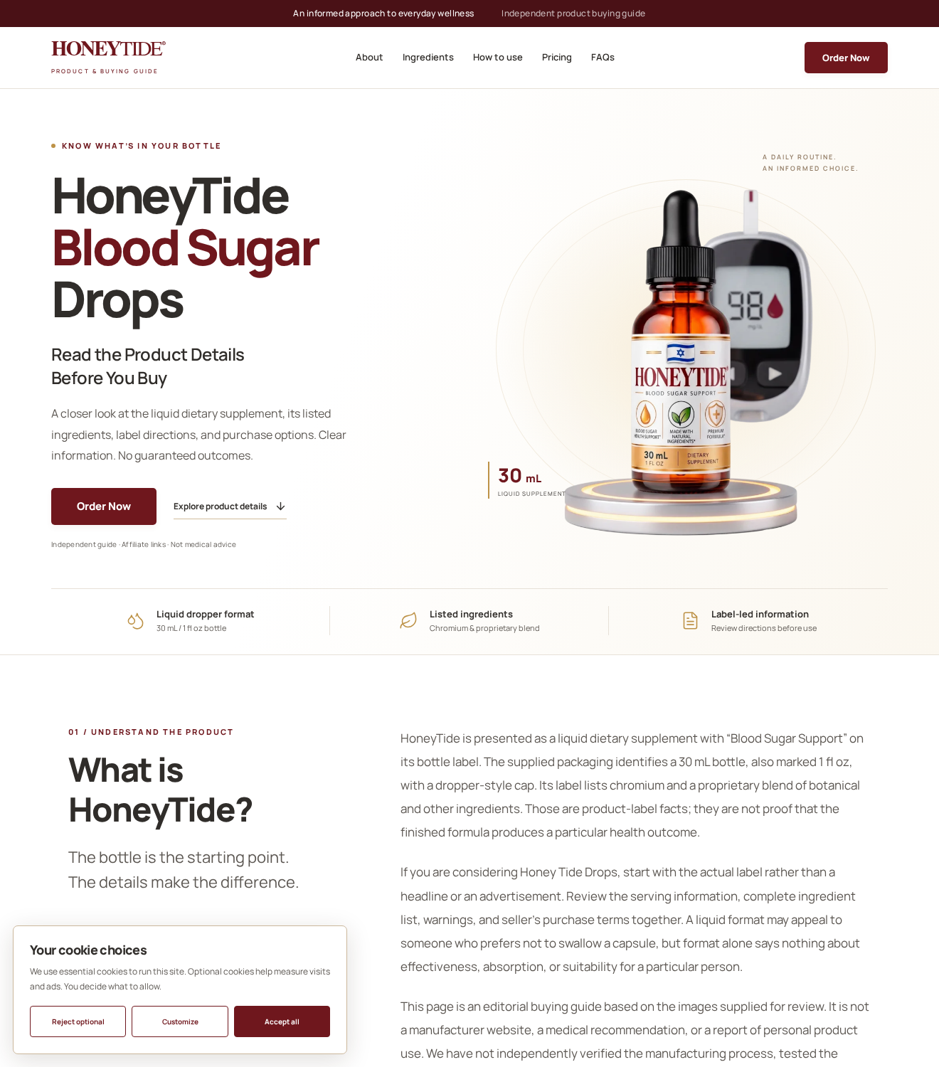 HoneyTide Blood Sugar Drops affiliate guide displaying a dropper bottle beside a glucose meter