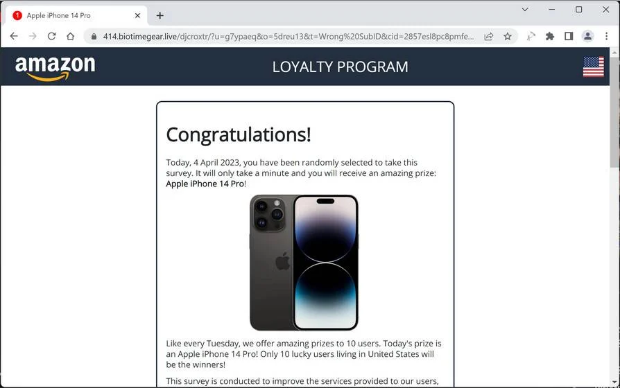 Screenshot of Biotimegear.live Fake Survey