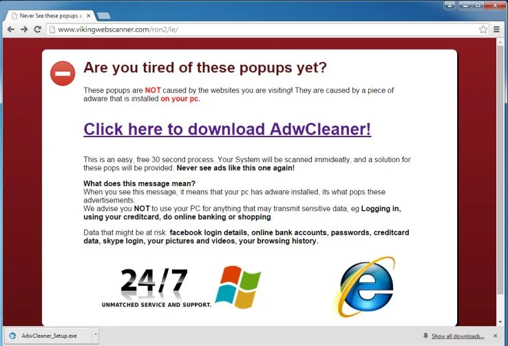 [Image: fake AdwCleaner pop-up virus]