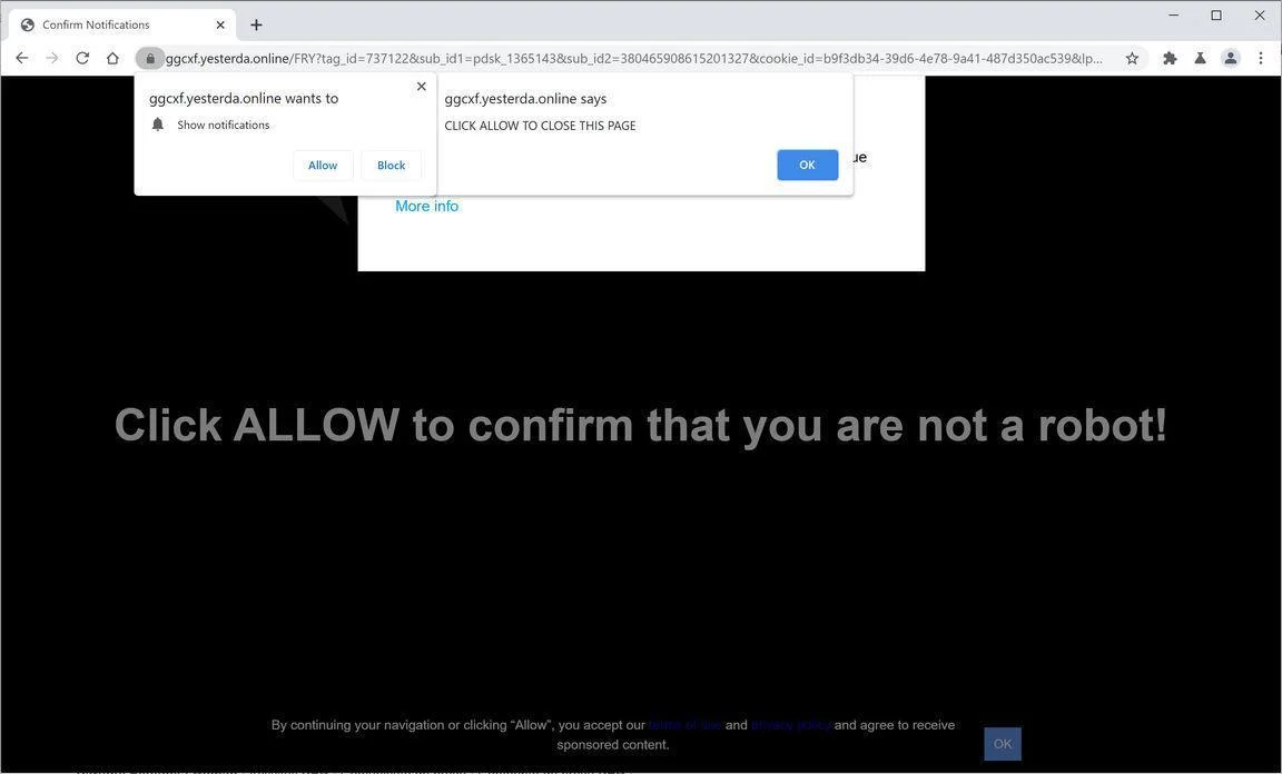 Image: Chrome browser is redirected to Yesterda.online