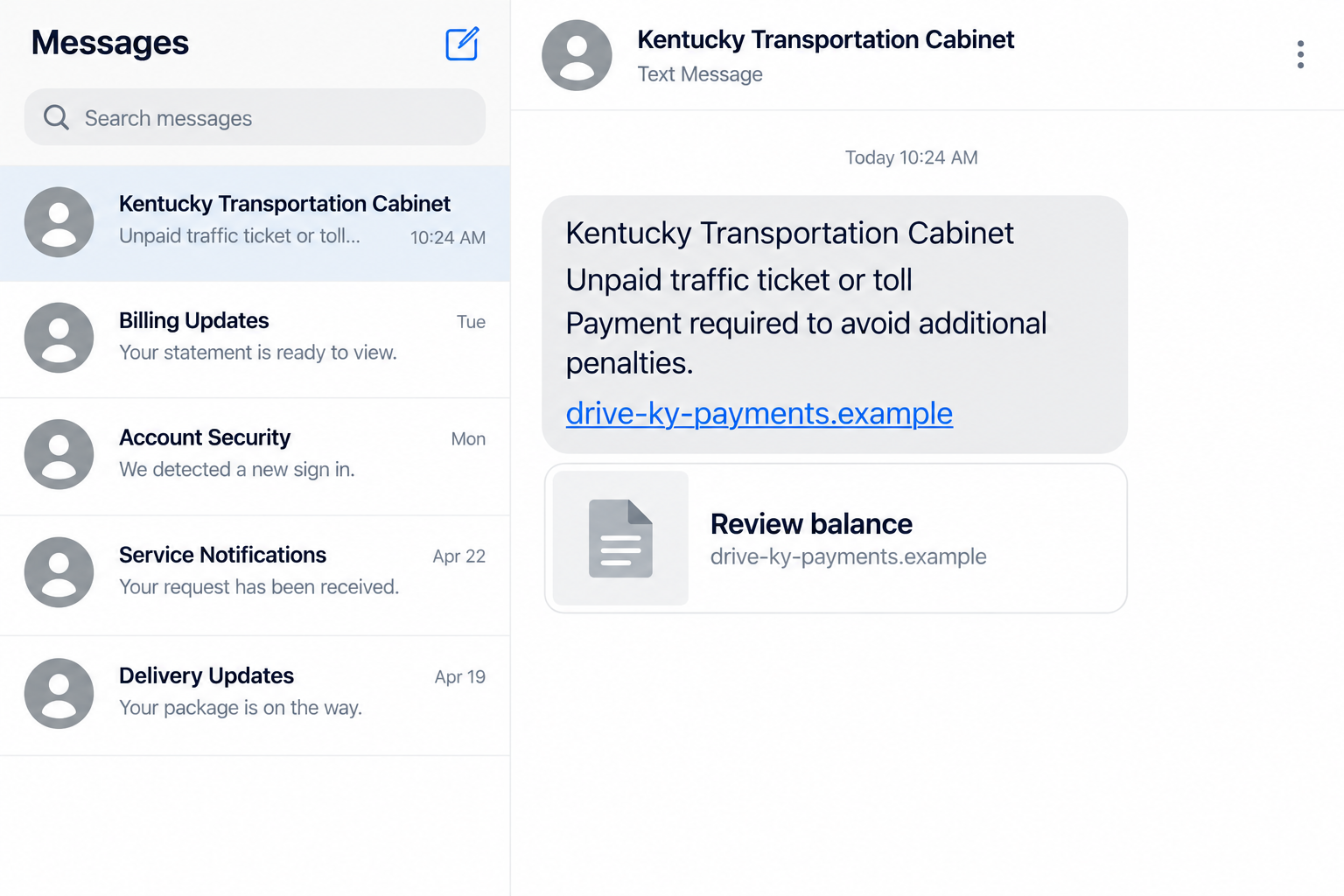 Illustration of a Kentucky Transportation Cabinet impersonation text with a nonfunctional example link
