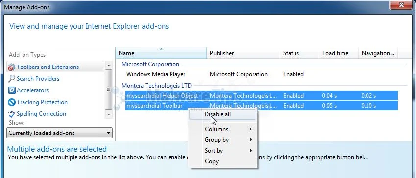 [Image: MySearchDial Internet Explorer extensions]