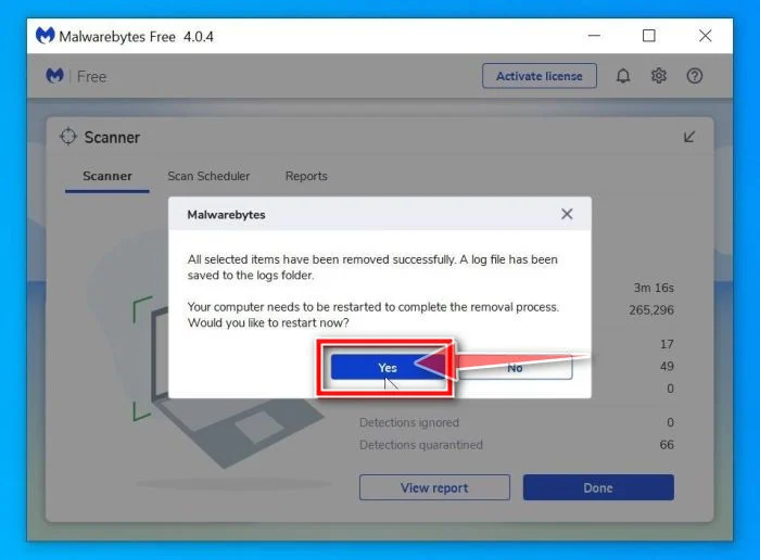 Malwarebytes requesting to restart computer to complete the Hohfeldman.space removal process
