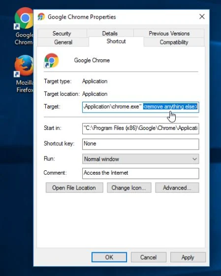 Remove the browser hijacker from Google Chrome shortcut Google Chrome hijacked shortcut
