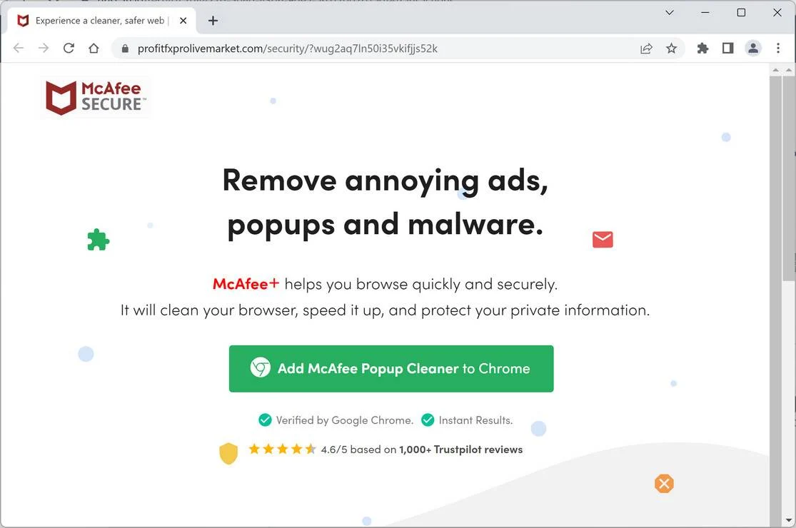 Image: Profitfxprolivemarket.com Fake McAfee Virus Alert