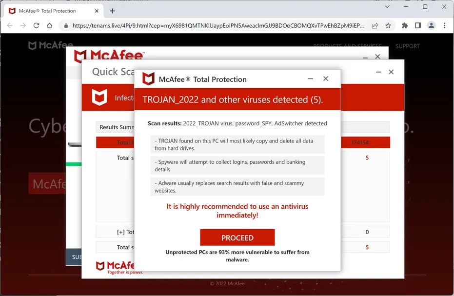 Image: Tenams.live Fake McAfee Virus Alert