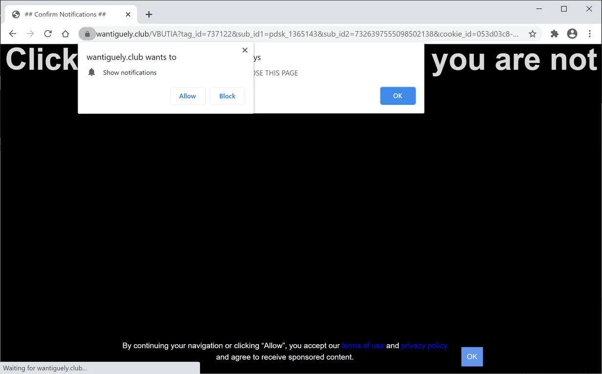 Remove Wantiguely.club pop-up ads (Virus Removal Guide) 1 Image: Chrome browser is redirected to Wantiguely.club