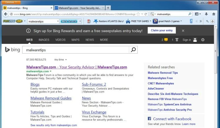 [Image: Free Ride Games Bar Customized Web Search virus]