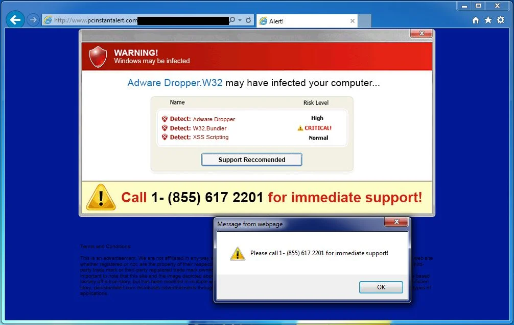 PcInstantAlert.com pop-up virus Picture of PcInstantAlert.com pop-up virus