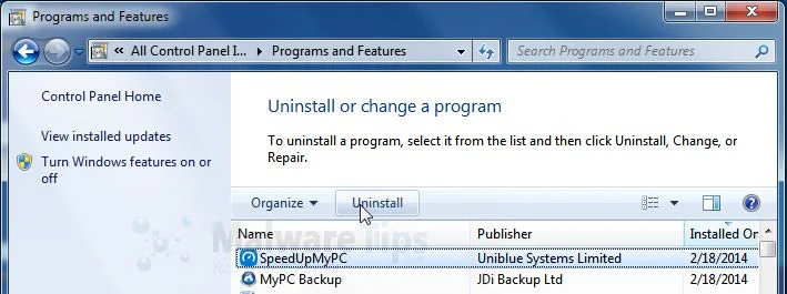 [Image: Uninstall Uniblue SpeedUpMyPC 2014 program from Windows]