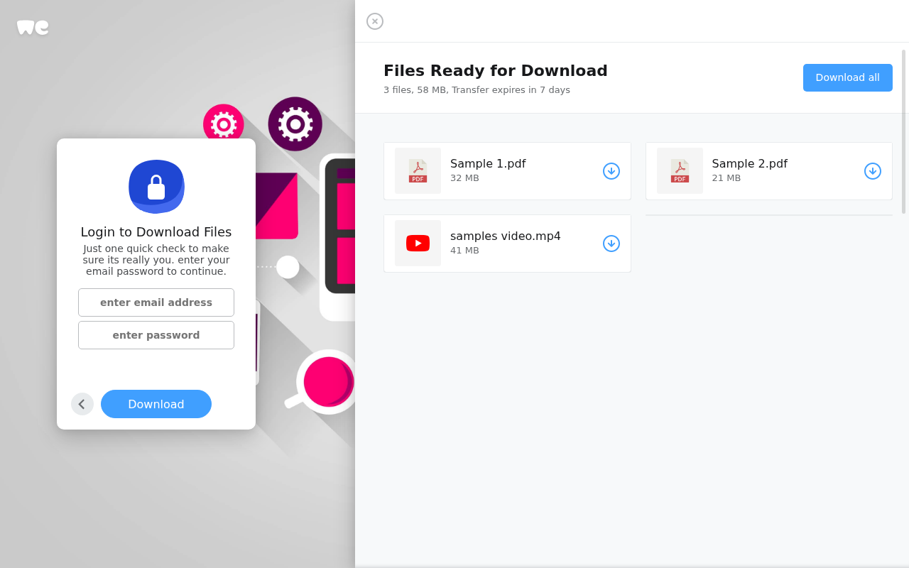 False WeTransfer sample download page requesting an email password beside two PDFs and a video