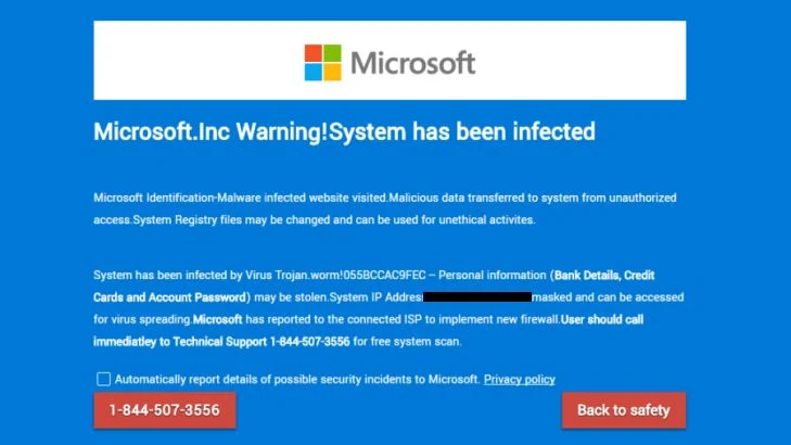 Microsoft Inc Warning! System has been infected Virus