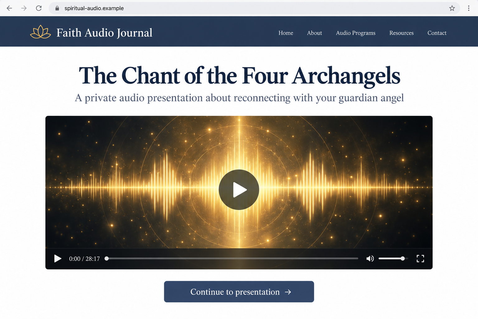 Illustrative fictional spiritual-audio landing page, not an authentic papal endorsement or an original sales capture