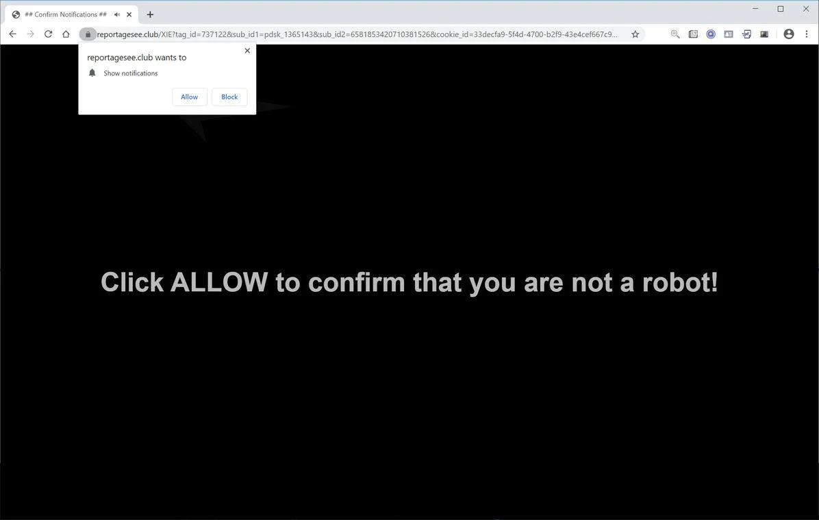 Image: Chrome browser is redirected to Reportagesee.club