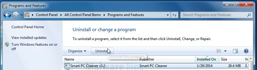 [Image: Uninstall Smart PC Cleaner program from Windows]