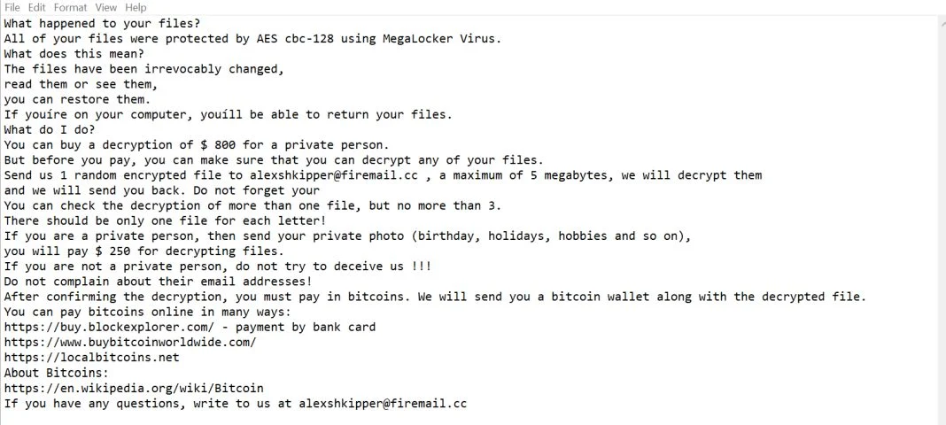 Image: Alexshkipper@firemail.cc Crypted ransomware virus