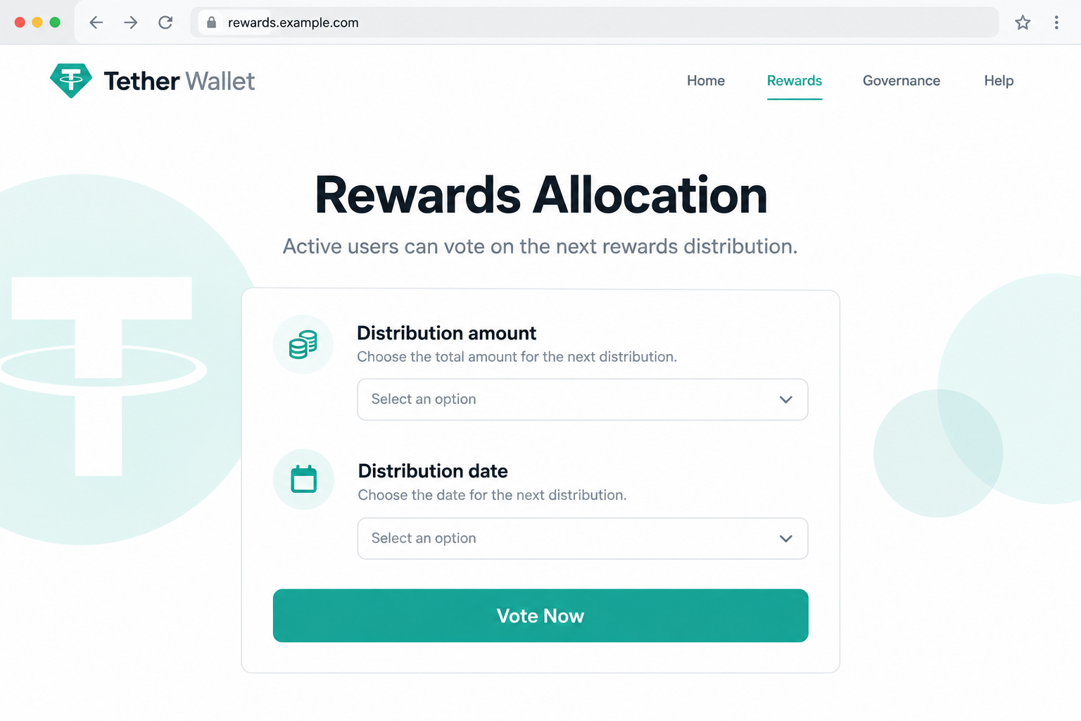 Illustrative Tether Wallet rewards allocation page offering a Vote Now button and fictional distribution choices