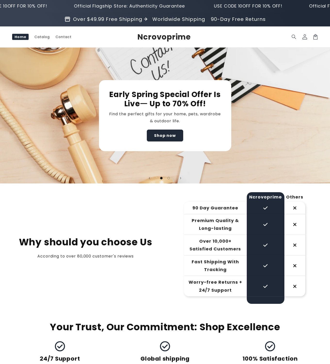 Ncrovoprime storefront advertising 90-day free returns, discounts and customer satisfaction claims