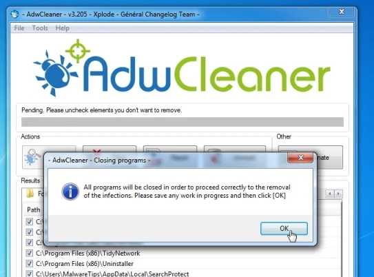 AdwCleaner removing Win32/Emotet.AB virus