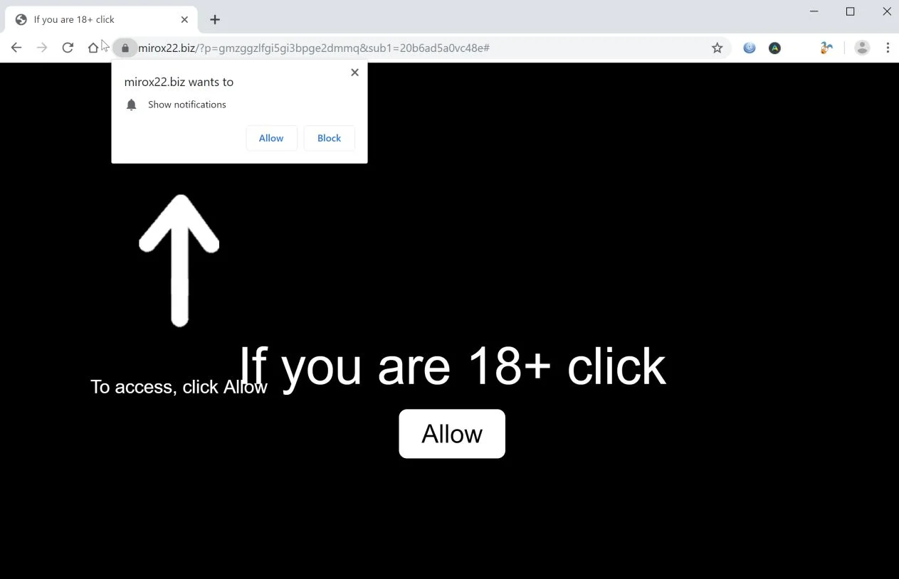 Image: Chrome browser is redirected to Mirox22.biz