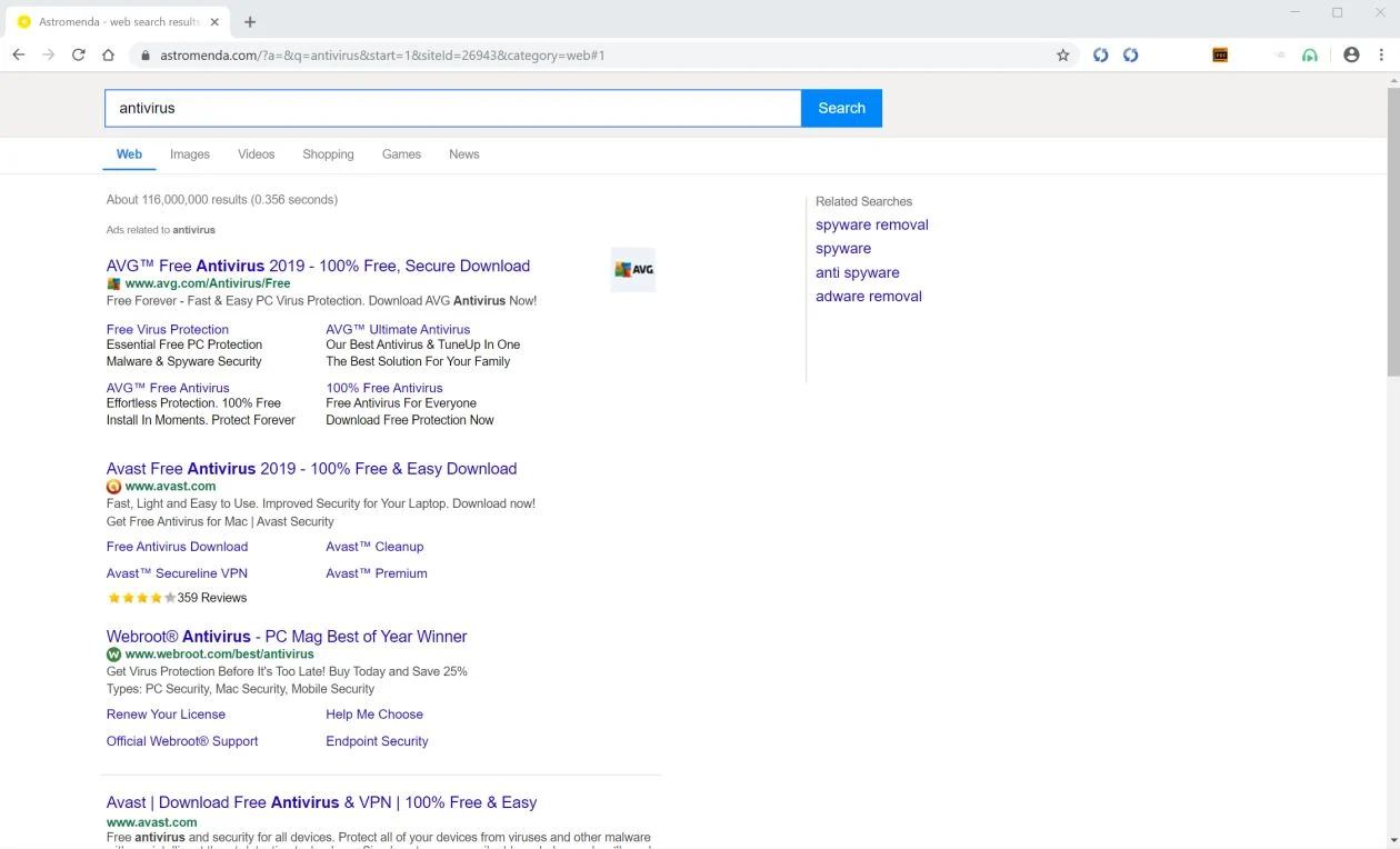 Image: Chrome browser is redirected to Astromenda.com