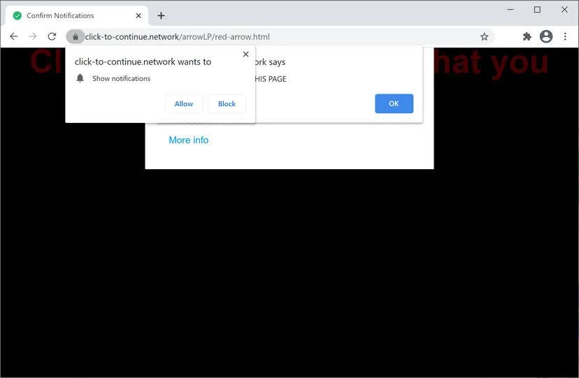 Image: Chrome browser is redirected to Click-to-continue.network