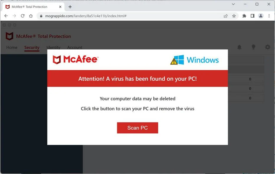 Image: McAfee: A Virus Has Been Found On Your PC Pop-up Scam