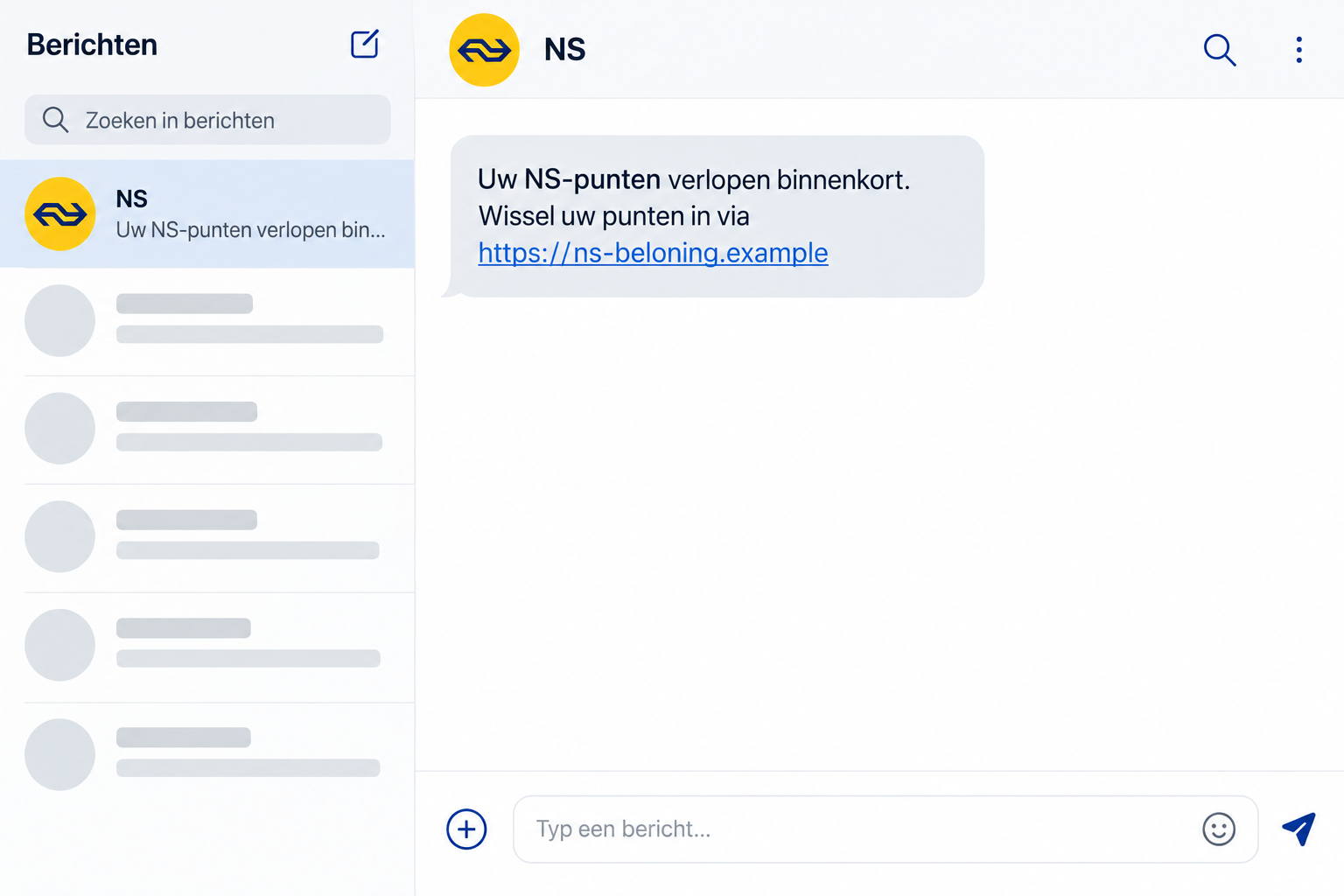 NS Points Text Scam: Expiring Rewards Hide a Fake Shipping Payment Trap 1 Generated NS points-expiry scam text shown in a desktop messaging interface with a fictional link
