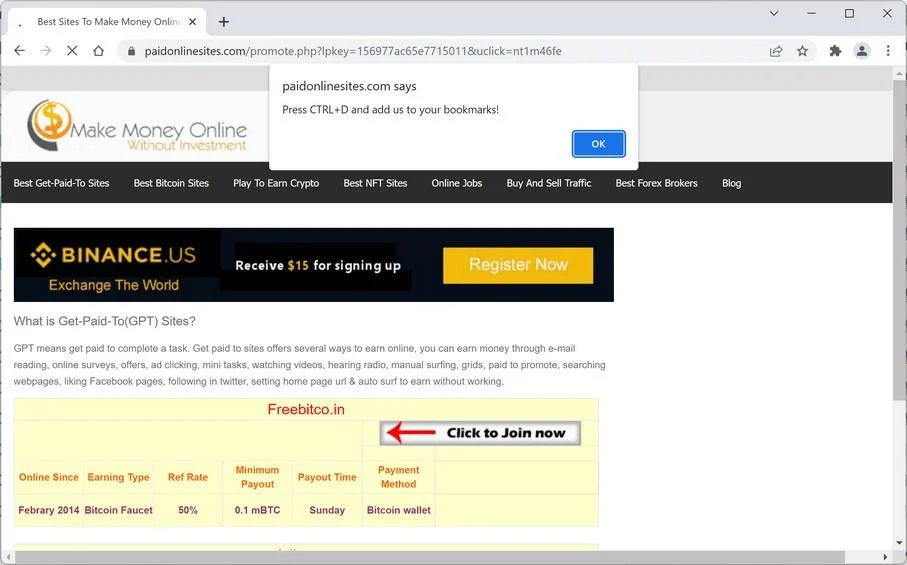 Image: Chrome browser is redirected to Paidonlinesites.com