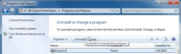 [Image: Uninstall Feven 1.8 malicious program from Windows]